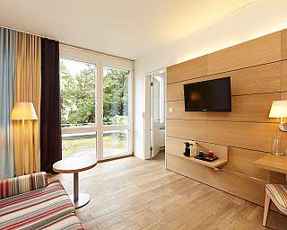 Modernes Zimmer mit Holzfußboden, Sofa und Fernseher.