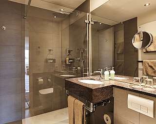 Elegantes Badezimmer mit Dusche, Waschbecken und Spiegel.