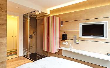 Ein stilvolles Hotelzimmer mit Dusche und Fernseher.