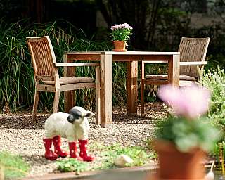 Wooden table and chairs in the garden with a flower and a sheep.
