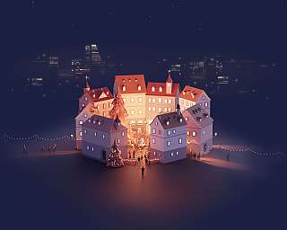 Illustrierte Stadt mit festlicher Beleuchtung und Menschen in der Nacht.